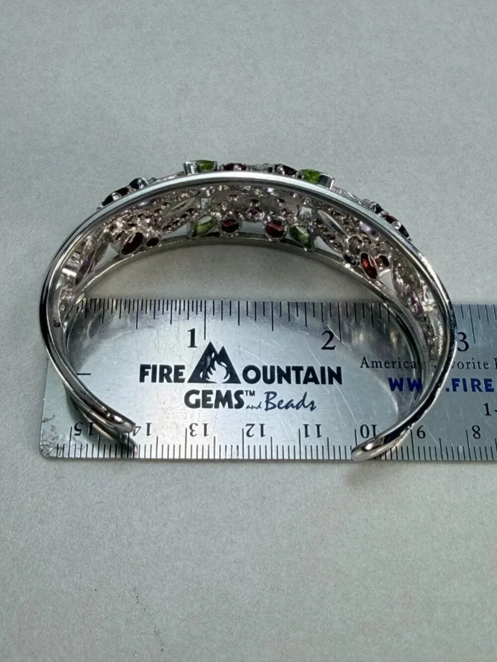 Vintage Rhodium Plated Multi Gemstone Floral Cuff Bracelet Open Bangle Statement
